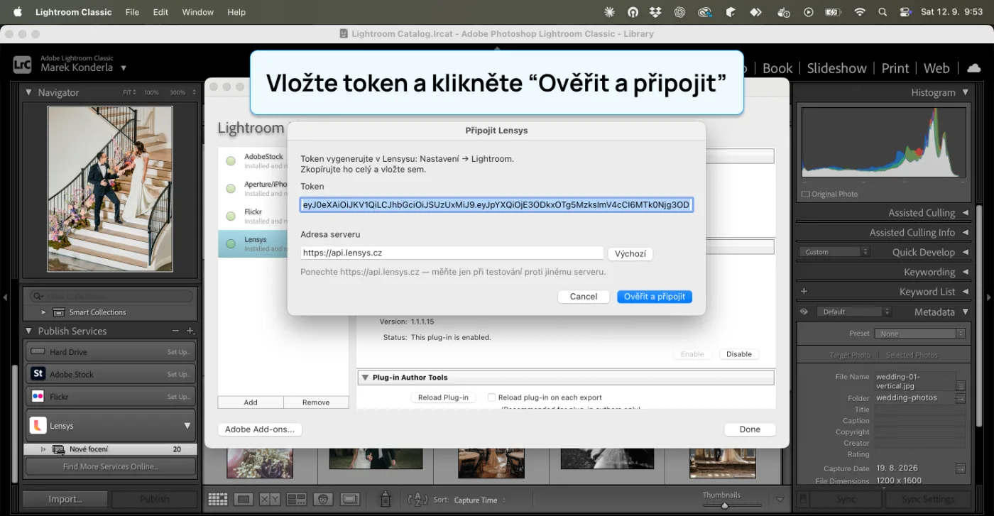 Dialog Připojit Lensys s vloženým tokenem a adresou serveru api.lensys.cz